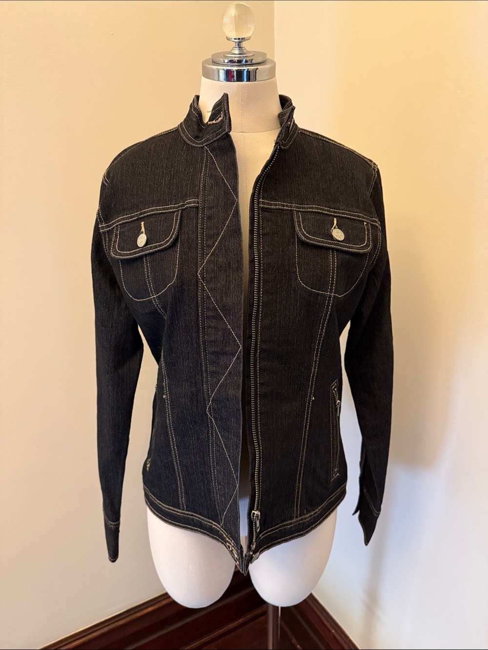 CAbi Black Denim Zip-Front Jacket with Contrast Stitching